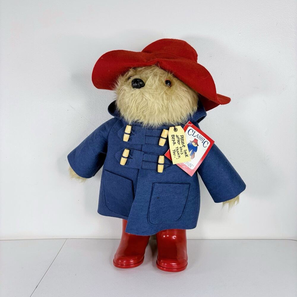 Vtg Paddington Bear Plush 19” Lifelike Eden Stuffed Animal Standing Rubber Boots